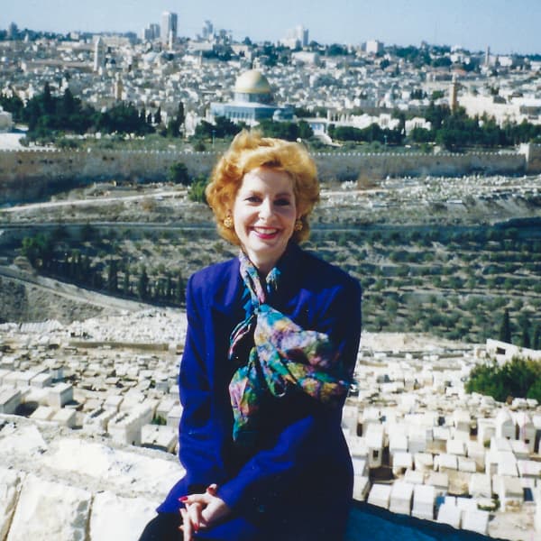Sarah Wallace in Jerusalem, with the Old City behind her.